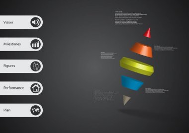 3D çizim Infographic şablon iki spike koni ile beş bölüme çarpık düzenlenmiş ayrılmıştır