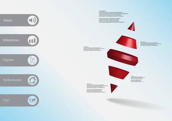 Modèle d'infographie d'illustration 3D avec deux cône de pointe divisé en cinq parties disposées en biais — Image vectorielle