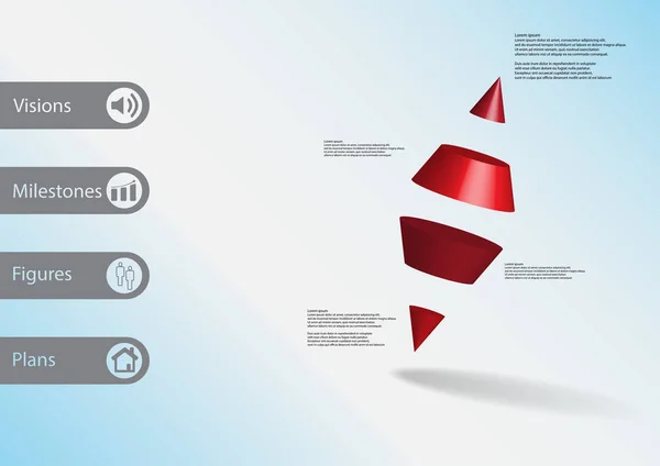 Modèle d'infographie d'illustration 3D avec deux cônes de pointe divisés en quatre parties disposées en biais — Image vectorielle