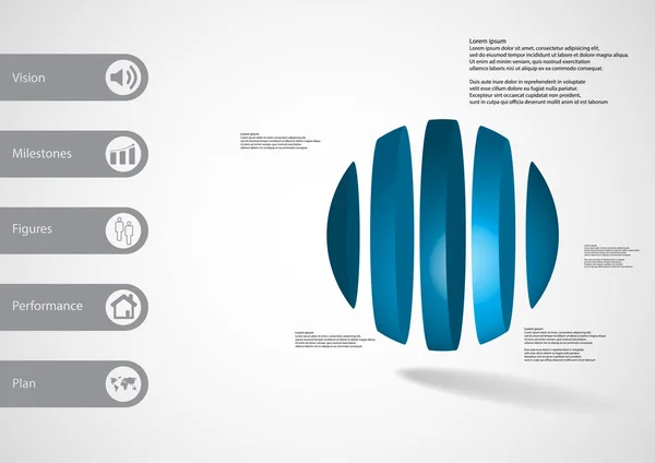 Modelo de infográfico de ilustração 3D com bola dividida verticalmente em cinco partes — Vetor de Stock