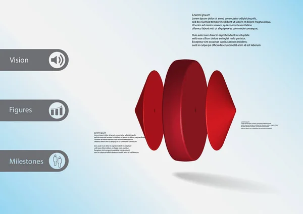 Modelo de infográfico de ilustração 3D com cilindro entre cones dispostos horizontalmente — Vetor de Stock
