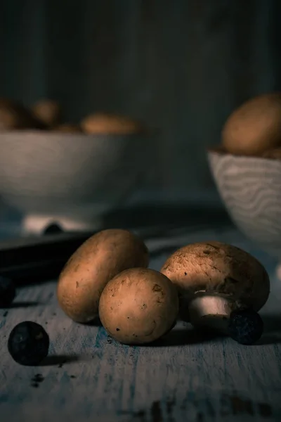 Brown ätliga svampar utspillt vintage trä ombord och i skålar — Stockfoto