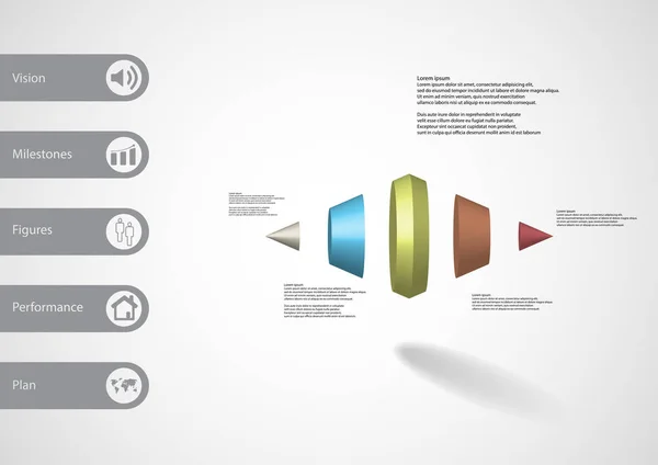 3D illustratie infographic sjabloon met twee puntige conus verticaal verdeeld naar vijf delen — Stockvector