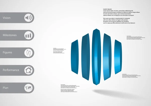 3D illustrazione modello infografico con esagono rotondo diviso verticalmente in cinque parti — Vettoriale Stock