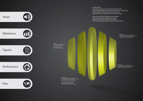 Illustration 3D modèle infographique avec hexagone rond divisé verticalement en cinq parties — Image vectorielle