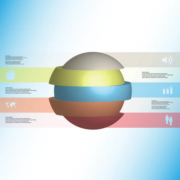 Plantilla infográfica de ilustración 3D con bola cortada en rodajas a cinco partes y apilada con elementos desplazados — Vector de stock