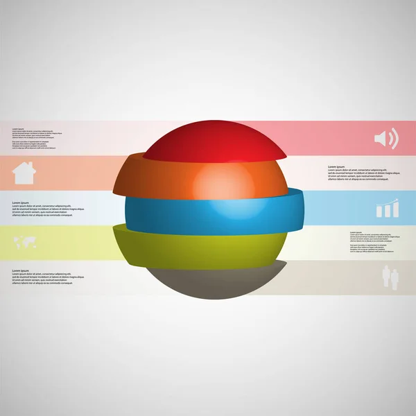 Plantilla infográfica de ilustración 3D con bola cortada en rodajas a cinco partes y apilada con elementos desplazados — Vector de stock