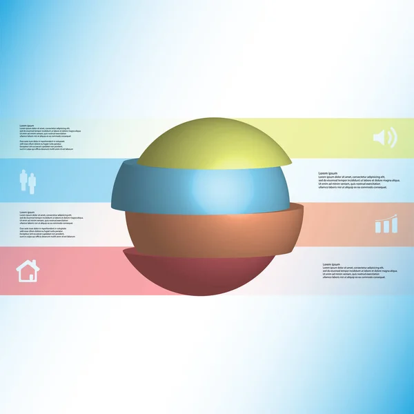 Plantilla infográfica de ilustración 3D con bola rebanada en cuatro partes y apilada con elementos desplazados — Vector de stock