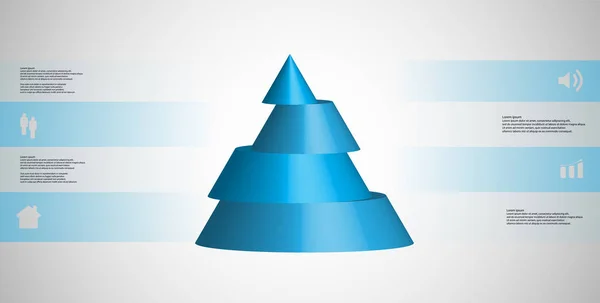 3D çizim Infographic şablon koni ile yatay olarak dört ötelenen bölümlerine dilimlenmiş