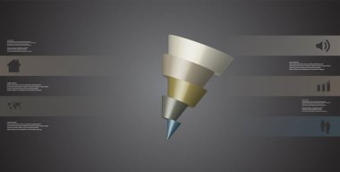 3D çizim Infographic şablon çarpık koni ile yatay olarak beş ötelenen bölümlerine dilimlenmiş