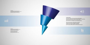 3D çizim Infographic şablon çarpık koni ile yatay olarak üç ötelenen bölümü dilimlenmiş