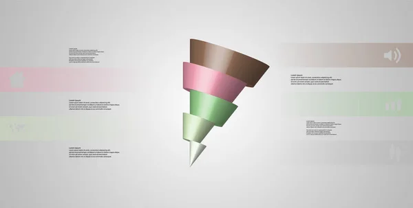 3D illustratie infographic sjabloon met askew conus horizontaal gesneden tot vijf verschoven delen — Stockvector