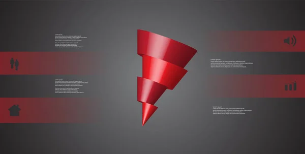 Gambar 3D templat infografis dengan kerucut miring horizontal diiris menjadi empat bagian bergeser - Stok Vektor