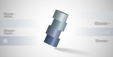 3D çizim Infographic şablonuyla motifi ters düzenlenmiş olan dört mavi bölümlerine yatay olarak dilimlenmiş silindir. Basit kayıt ve metin renk afiş var. Açık gri arka plan olduğunu.