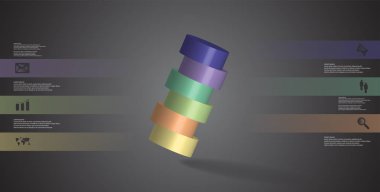 3D çizim Infographic şablonuyla motifi ters düzenlenmiş olan altı renk bölümlerine yatay olarak dilimlenmiş silindir. Basit kayıt ve metin renk afiş var. Arka plan koyu gridir.