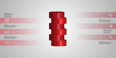 3D çizim Infographic şablonuyla motifi kaydırılacağı altı kırmızı parçalar için yatay olarak dilimlenmiş silindir. Basit kayıt ve metin renk afiş var. Açık gri arka plan olduğunu.