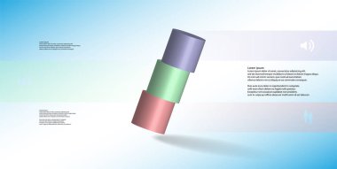 3D çizim Infographic şablonuyla motifi ters düzenlenmiş olan üç renk bölümlerine yatay olarak dilimlenmiş silindir. Basit kayıt ve metin renk afiş var. Arka plan olduğunu ışık mavi.