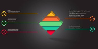 Kabartmalı rhomb yatay olarak beş parçaya bölünmüş 3d resimleme bilgi şablonu