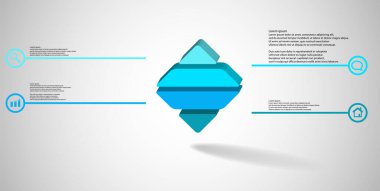 Kabartmalı rhomb yatay olarak dört parçaya bölünmüş 3d resimleme bilgi şablonu