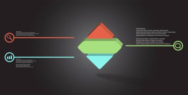 Kabartmalı rhomb yatay olarak üç parçaya bölünmüş 3d resimleme bilgi şablonu