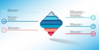 Kabartmalı rhomb yatay olarak altı parçaya bölünmüş 3d resimleme bilgi şablonu
