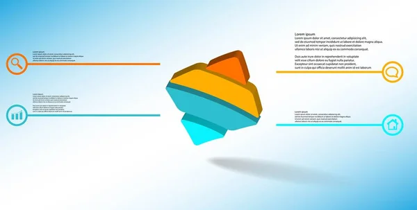 3D-Illustration Infografik-Vorlage mit geprägter gebogener Raute horizontal in vier schräg angeordnete Teile unterteilt — Stockvektor