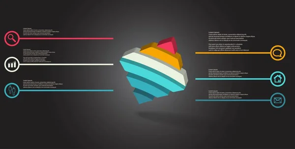 3d illusztráció infografika sablon dombornyomásos hajlított rombusz vízszintesen osztva hat részre ferde elrendezve — Stock Vector