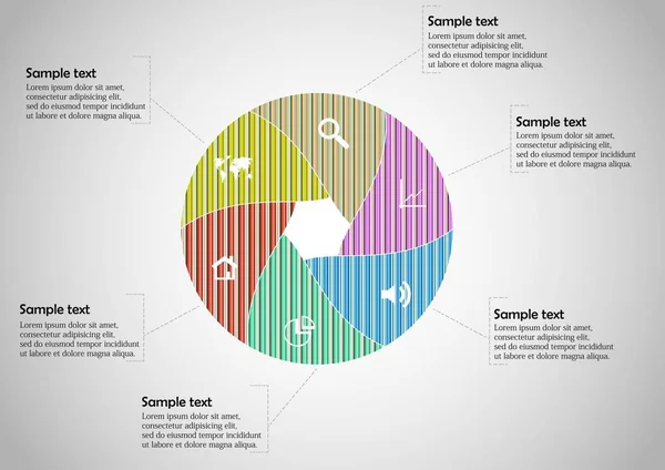 Ronde infografische sjabloon met zeshoekige scheiding in zes delen — Stockvector