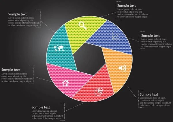 Runde Infografik-Vorlage mit sechseckiger Trennung in sechs Teile — Stockvektor