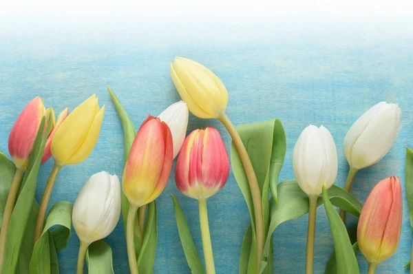 Beautiful colorful tulips in bouquet on wooden desk — ストック写真