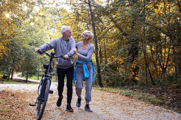 Öreg pár kerékpárral a parkban séta és beszélgetés — Stock Fotó