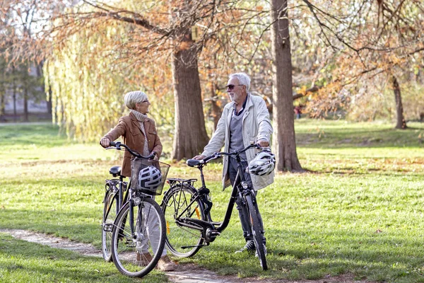 Стара жінка і чоловік в парку з велосипедами — стокове фото