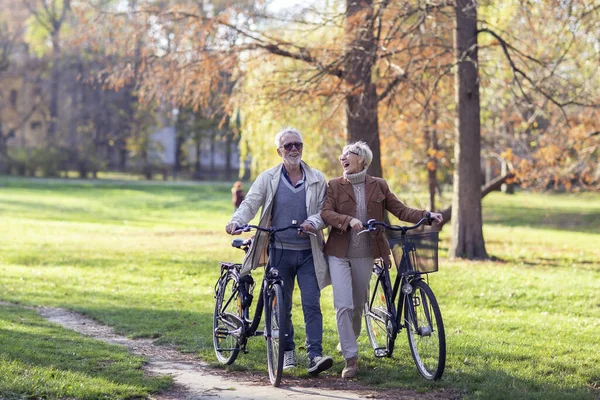 Old mature couple with bikes in park — Stock Photo, Image