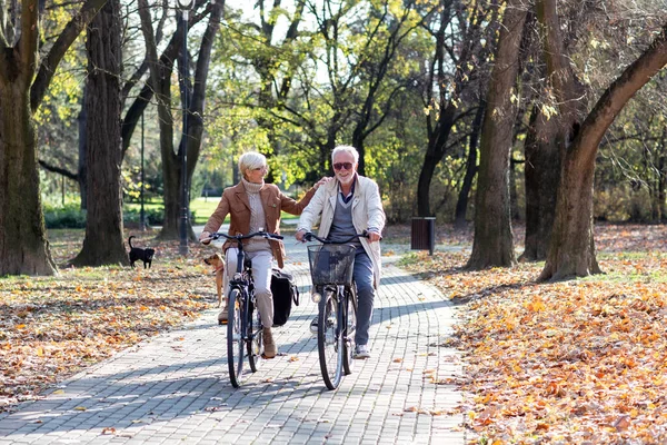 Parkta bisiklete binen yaşlı insanlar