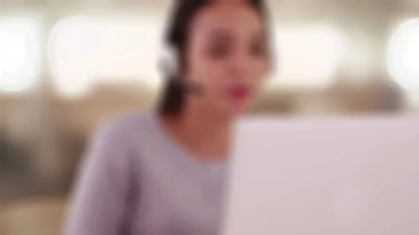 Call Center Agent Working Hotline Blurry Attractive Afro American Woman — Stock Photo, Image