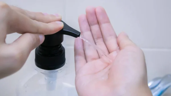Female Hands Using Hand Sanitizer Gel Pump Dispenser Protect Gems — Stock Photo, Image