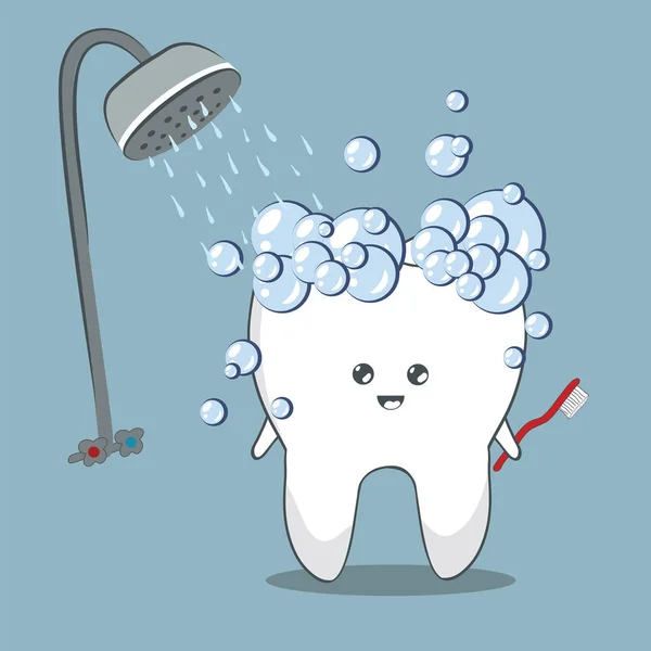 Karikatur Zahn in der Dusche — Stockvektor