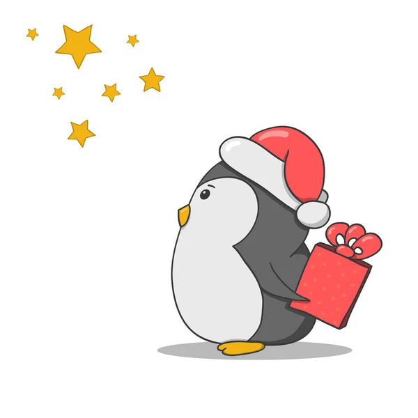 Cute Cartoon Penguin Gift Looks Stars Happy New Year Greeting — Stock Vector