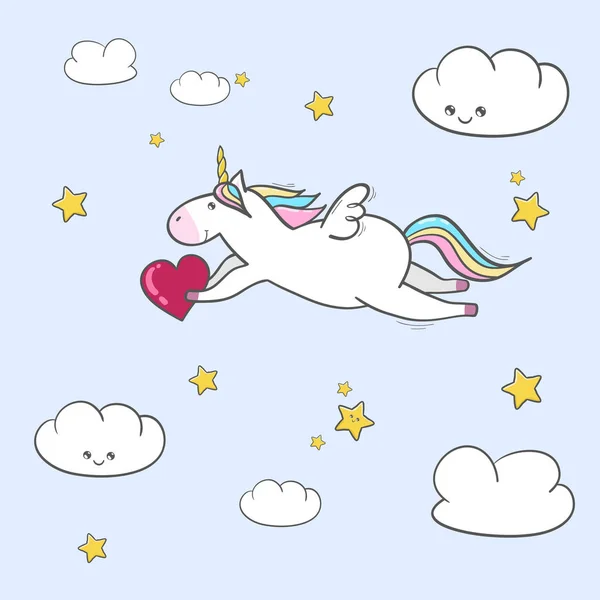 Cartoon Einhorn Fliegt Zwischen Wolken Und Sternen Und Hält Herz — Stockvektor