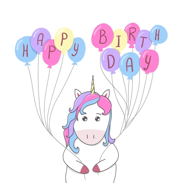 Lindo Unicornio Sosteniendo Globos Con Cartas Feliz Cumpleaños Ilustración Vectorial — Vector de stock