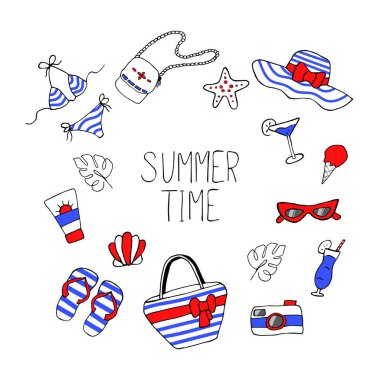 Yazlık eşyalar ve aksesuarlar: mayo, gözlük, plaj çantası, şapka, terlik.. 