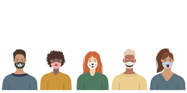 Personnes Portant Des Masques Médicaux Drôles Pour Prévenir Maladie Grippe — Image vectorielle