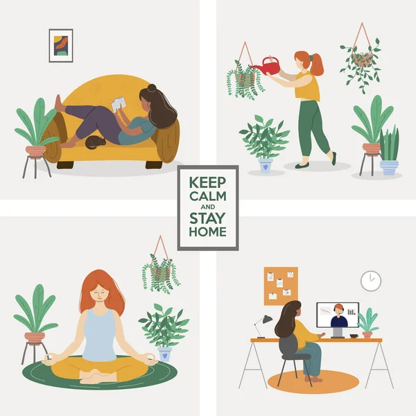 İnsanlar evde karantinada kalıyor, evde çalışıyor, kitap okuyor, meditasyon yapıyor, çiçekleri suluyor. İfadeli bir poster. Sakin ol ve evde kal..  