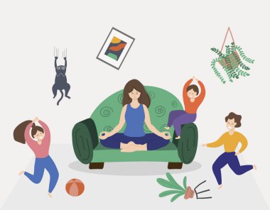 Lotus pozunda meditasyon yapan bir kadın. Sakin anne ve yaramaz çocuklar etrafında koşuşturuyor.. 