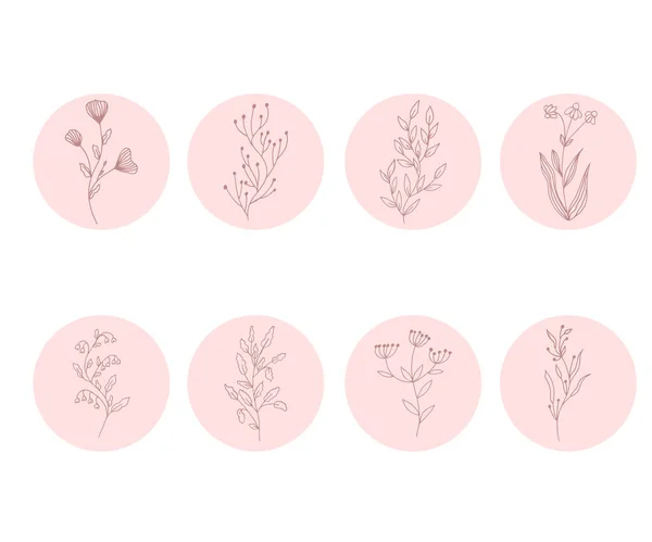 Minimalistisch Floral Logo Set Vector Bloemen Takken Met Bladeren — Stockvector