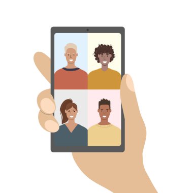 Toplu sanal toplantı ve grup video konferansı. Cihaz ekranında bir grup insanla el ele tutuşmak. 