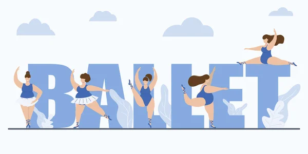 Een Groep Vrolijke Vrouwen Danst Ballet Rond Ballet Letters Lichaamspositief — Stockvector