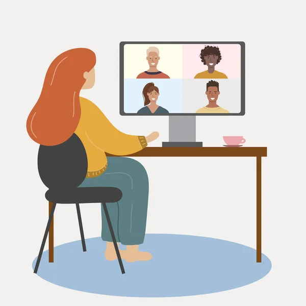 Riunione Virtuale Collettiva Videoconferenza Gruppo Donna Chatta Con Gli Amici — Vettoriale Stock