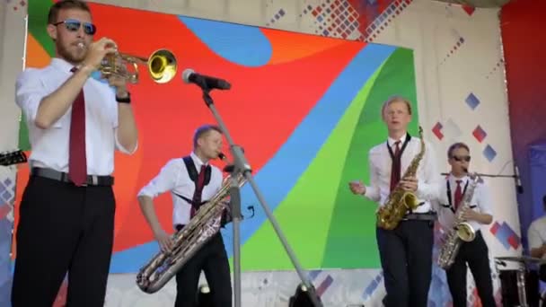 Misk, Belarus - June 21, 2019 The performance of the band on stage in front of the audience during the competition. — Stock Video