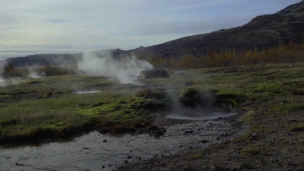 작은 간헐천에서 물이 끓는다. 온천 이 있는 푸른 계곡 — 비디오
